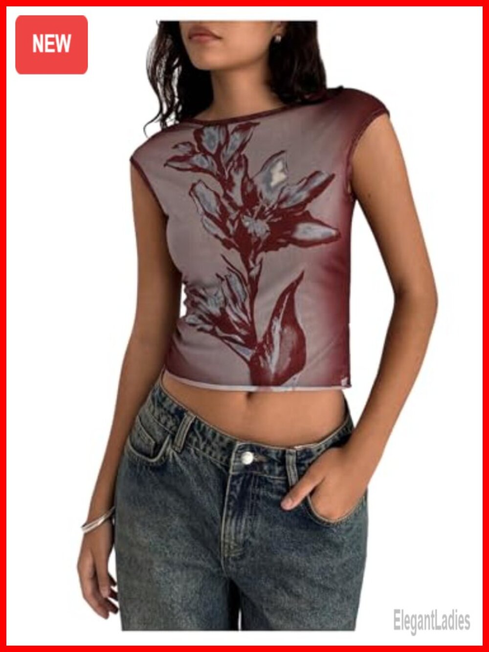 WDIRARA Women's Floral Mesh Cap Sleeve Top Y2K Going Out Tee